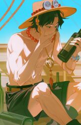 Rule 34 | 1boy, bead necklace, beads, black hair, freckles, goggles, goggles on headwear, hat, highres, jewelry, log pose, male focus, necklace, one piece, orange hat, portgas d. ace, solo, topless male, z2201199