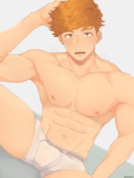 Rule 34 | 1boy, abs, absurdres, bara, blonde hair, briefs, dalandan318, granblue fantasy, green eyes, hand on own head, highres, large pectorals, looking at viewer, male focus, male underwear, muscular, muscular male, navel, nipples, open mouth, pectorals, short hair, solo, underwear, vane (granblue fantasy), white male underwear