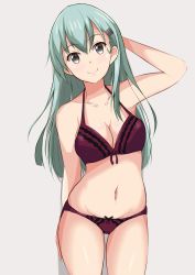Rule 34 | 10s, 1girl, aqua hair, arm behind head, bare arms, bare shoulders, bra, breasts, collarbone, hair ornament, hairclip, highres, kantai collection, long hair, looking at viewer, medium breasts, navel, nemo 1988, panties, solo, suzuya (kancolle), thighs, underwear, underwear only