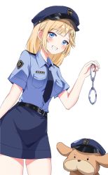 Rule 34 | 1girl, belt, black skirt, blonde hair, blue eyes, blue shirt, blue skirt, blush, breasts, cuffs, dog, hair ornament, handcuffs, hat, highres, hololive, hololive english, large breasts, looking at viewer, mascot, medium breasts, miniskirt, necktie, open mouth, orobou, police, police hat, police uniform, policewoman, shirt, short hair, simple background, skirt, smile, solo, teeth, uniform, virtual youtuber, watson amelia