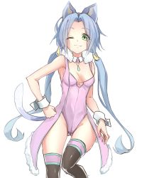 Rule 34 | 1girl, absurdres, animal ears, blue hair, breasts, cat ears, cat tail, closed mouth, green eyes, highres, kakko madoka, long hair, looking at viewer, low twintails, meracle chamlotte, one eye closed, simple background, smile, solo, star ocean, star ocean anamnesis, star ocean the last hope, tail, thighhighs, twintails, white background