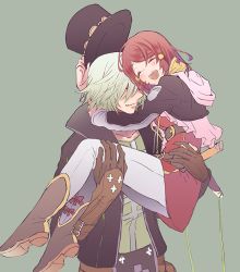 Rule 34 | 10s, 1boy, 1girl, bad id, bad twitter id, black hat, boots, carrying, closed eyes, dezel (tales), gloves, hat, j-peg, jacket, open clothes, open jacket, open mouth, pants, princess carry, red hair, rose (tales), scarf, short hair, smile, tales of (series), tales of zestiria, white hair