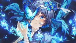 Rule 34 | 1girl, bandages, blue eyes, bug, butterfly, closed mouth, flower, flower on head, head wings, highres, insect, looking at viewer, mirage (rairudiseu), one eye covered, solo, wings