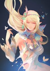 Rule 34 | 1girl, 2017, absurdres, blonde hair, bug, butterfly, closed eyes, detached sleeves, dress, earrings, elezen, elf, final fantasy, final fantasy xiv, floating hair, gradient background, headdress, highres, insect, jewelry, long hair, moogie (shinjyu), pointy ears, solo, torn clothes, watermark, web address, white dress, white mage (final fantasy)