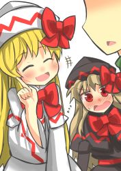 Rule 34 | 2girls, blonde hair, blush, bow, dress, closed eyes, fairy wings, gaoo (frpjx283), hair bow, hat, hat ribbon, highres, lily black, lily white, long hair, multiple girls, open mouth, red eyes, ribbon, touhou, wings