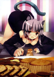 Rule 34 | 1girl, :o, absurdres, all fours, animal ears, bell, bread, breasts, cat ears, cat tail, checkerboard cookie, checkered floor, collar, cookie, downblouse, dress, fang, floor, food, hamster, hanging breasts, highres, long hair, medium breasts, muffin, neck bell, off shoulder, open mouth, original, purple hair, red eyes, refeia, scan, solo, striped, striped background, sweater, sweater dress, tail, top-down bottom-up