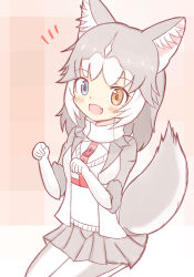 Rule 34 | 1girl, :d, animal ear fluff, animal ears, blue eyes, blush, brown background, brown eyes, commentary request, dog (mixed breed) (kemono friends), dog ears, dog girl, dog tail, elbow gloves, fang, fur-trimmed sleeves, fur trim, gloves, grey hair, grey skirt, heterochromia, highres, jacket, kemono friends, looking at viewer, multicolored hair, notice lines, open clothes, open jacket, open mouth, pantyhose, pleated skirt, short sleeves, sitting, skirt, smile, solo, sunanuko (ramuneko), sweater, tail, turtleneck, turtleneck sweater, two-tone hair, white gloves, white hair, white jacket, white pantyhose, white sweater