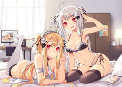 Rule 34 | 2girls, absurdres, ahoge, arm at side, ass, bad id, bad pixiv id, bed, bed sheet, bedroom, black bow, black bra, black choker, black legwear, black ribbon, blonde hair, blush, bow, bow bra, bra, breasts, bridal garter, chair, choker, closed mouth, collarbone, commentary request, curtains, desk, desk lamp, eyelashes, fang, fang out, frilled bra, frilled panties, frills, hair between eyes, hair ornament, hairband, hand up, heart, heart ahoge, highres, indoors, lamp, lolita hairband, long hair, looking at viewer, lying, medium breasts, monitor, multiple girls, navel, niliu chahui, office chair, on bed, on stomach, open mouth, original, panties, pillow, purple bra, recursion, red eyes, ribbon, salute, seiza, siblings, side-tie panties, sidelocks, silver hair, sisters, sitting, skin fang, small breasts, smile, speaker, stomach, swivel chair, thighhighs, thighs, tokisaki asaba, tokisaki mio (niliu chahui), topless, twintails, two side up, underwear, underwear only, v, very long hair, wet, white bra, white legwear, white panties, window, x hair ornament