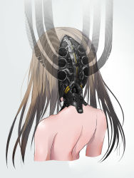 Rule 34 | 1girl, android, bad id, bad tumblr id, blonde hair, cable, cropped arms, cropped torso, from behind, grey background, highres, long hair, mechanical parts, nude, original, simple background, solo, swav