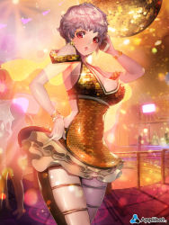 Rule 34 | 1girl, breasts, cellphone, cleavage, dress, earrings, furyou michi ~gang road~, jewelry, large breasts, lips, nal (nal&#039;s pudding), original, phone, red eyes, short dress, short hair, solo focus