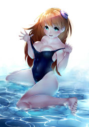 Rule 34 | 1girl, aqua eyes, bad feet, barefoot, breasts, brown hair, cleavage, collarbone, covered navel, elizax9x, highres, long hair, medium breasts, open mouth, original, shallow water, simple background, solo, swimsuit, thighs, water, white background