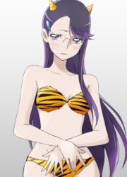 Rule 34 | 10s, 1girl, animal print, blue eyes, blush, breasts, embarrassed, fake horns, glasses, gradient background, heartcatch precure!, horns, long hair, precure, purple hair, small breasts, solo, tiger print, tsukikage oyama, tsukikage yuri, very long hair