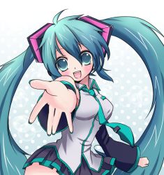 Rule 34 | 1girl, absurdres, beautiful world (artist), breasts, colorized, hatsune miku, highres, long hair, looking at viewer, open mouth, skirt, smile, solo, twintails, very long hair, vocaloid