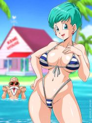 Rule 34 | 1boy, 1girl, artist name, bald, beach, beard, bikini, blue eyes, blurry, blush, breasts, breasts apart, bulma, cameltoe, cleft of venus, cloud, coconut tree, contrapposto, cowboy shot, curvy, day, depth of field, dragon ball, dragon ball (classic), earrings, facial hair, facing viewer, front-tie bikini top, front-tie top, green hair, hand on own chest, hand on own hip, highleg, highleg bikini, highres, house, island, jewelry, kame house, medium breasts, missing tooth, mustache, muten roushi, navel, ocean, old, old man, outdoors, palm tree, partially visible vulva, sano br, shiny skin, short hair, sky, smile, standing, striped bikini, striped clothes, sunglasses, swimsuit, thong, thong bikini, tree, two-tone bikini, underboob, wading, weather vane, white beard