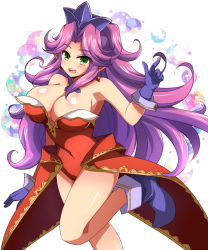 Rule 34 | 1girl, afuro, angela (seiken densetsu 3), bare shoulders, boots, breasts, cleavage, earrings, gloves, green eyes, headgear, jewelry, large breasts, leotard, long hair, looking at viewer, pointy ears, purple gloves, purple hair, seiken densetsu, seiken densetsu 3, showgirl skirt, solo, very long hair