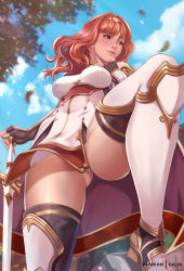 Rule 34 | 1girl, beads, boots, breasts, cape, celica (fire emblem), closed mouth, cowboy shot, day, exlic, fingerless gloves, fire emblem, fire emblem echoes: shadows of valentia, from below, gloves, gluteal fold, highres, lips, long hair, looking afar, medium breasts, nintendo, orange eyes, orange hair, outdoors, pearl thong, smile, solo, sword, thigh boots, thighhighs, tiara, tree, weapon
