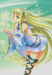 Rule 34 | 1girl, artbook, blonde hair, carnelian, cupping hands, detached sleeves, green eyes, green hair, highres, long hair, matching hair/eyes, own hands together, pointy ears, solo