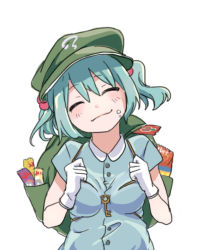 Rule 34 | 1girl, backpack, bad id, bad pixiv id, bag, blue hair, closed eyes, food, food on face, hair bobbles, hair ornament, hat, kawashiro nitori, key, short hair, smile, solo, touhou, toujou (toujou ramen), twintails, two side up