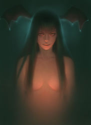Rule 34 | &gt;:), 1girl, backlighting, bad id, bad pixiv id, bat wings, blunt bangs, blurry, censored, closed mouth, convenient censoring, dark, glowing, green hair, hair censor, hair over breasts, head wings, highres, light smile, lips, long hair, looking at viewer, morrigan aensland, naranavy, nose, nude, poenatsha yuen, realistic, solo, upper body, v-shaped eyebrows, vampire (game), wings