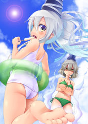 Rule 34 | 2girls, aozora market, ass, bags under eyes, barefoot, bikini, breasts, cleavage, cloud, crossed arms, day, feet, female focus, food, front-tie top, ghost tail, green bikini, hat, highres, innertube, lens flare, long hair, medium breasts, mononobe no futo, mouth hold, multiple girls, navel, one-piece swimsuit, ponytail, popsicle, school swimsuit, shaded face, short hair, side-tie bikini bottom, silver hair, sky, soga no tojiko, soles, swim ring, swimsuit, tate eboshi, toes, touhou, underboob, white one-piece swimsuit, white school swimsuit, yellow eyes