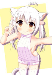 Rule 34 | 1girl, :q, ahoge, animal ear legwear, animal ears, backless dress, backless outfit, bad perspective, bare shoulders, blush, breasts, cat ear legwear, cat ears, cat girl, cat tail, cowboy shot, dress, hair bobbles, hair ornament, hairclip, halterneck, hands up, highres, legs apart, long hair, looking at viewer, meme attire, naked sweater, no bra, original, reaching, reaching towards viewer, ribbed sweater, selfie, sideboob, sleeveless, sleeveless turtleneck, small breasts, smile, solo, sweater, sweater dress, tail, taking picture, thighhighs, tongue, tongue out, turtleneck, turtleneck sweater, twintails, v, virgin killer sweater, white dress, white hair, white sweater, white thighhighs, xiaosamiao
