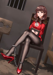 Rule 34 | 1girl, :o, absurdres, black pantyhose, blunt bangs, bound, bound legs, brown eyes, brown hair, chair, chinese commentary, crossed legs, cuffs, full body, haystack, high heels, highres, looking at viewer, open mouth, original, pantyhose, red footwear, red shirt, restrained, shackles, shiny clothes, shiny legwear, shirt, shoe dangle, short twintails, sitting, solo, thighs, twintails, zhadanzhawugui