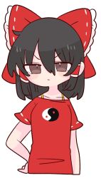 Rule 34 | 1girl, adapted costume, black hair, bow, breasts, brown eyes, commentary request, cropped torso, glaring, hair bow, hair tubes, hakurei reimu, hand on own hip, highres, medium hair, op na yarou, simple background, small breasts, solo, straight-on, touhou, v-shaped eyebrows, white background, yin yang, yin yang print