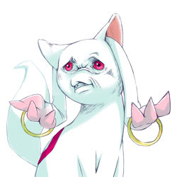 Rule 34 | 10s, bad id, bad pixiv id, clenched teeth, delinquent, face, kyubey, mahou shoujo madoka magica, mahou shoujo madoka magica (anime), no humans, nucomas, pink eyes, shrugging, simple background, sitting, solo, teeth