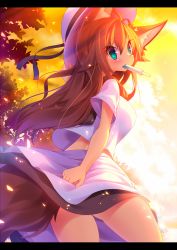 Rule 34 | 1girl, alternate costume, animal ears, aqua eyes, border, brown hair, casual, contemporary, food, hat, highres, imaizumi kagerou, koha, letterboxed, long hair, looking at viewer, mouth hold, popsicle, shirt, short sleeves, skirt, skirt set, sky, solo, sunlight, tail, touhou, werewolf, wolf ears, wolf tail