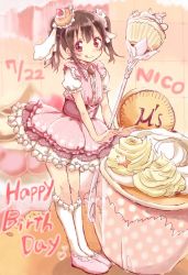 Rule 34 | 10s, 1girl, :q, black hair, corset, cupcake, dated, dress, food, food-themed hair ornament, food request, frilled dress, frills, hair ornament, happy birthday, heart, highres, kneehighs, kotama (0w0pom), layered dress, looking at viewer, love live!, love live! school idol festival, love live! school idol project, petticoat, pink footwear, puffy short sleeves, puffy sleeves, red eyes, scepter, shoes, short sleeves, smile, socks, solo, tongue, tongue out, twintails, white socks, yazawa nico