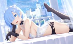 Rule 34 | 1girl, :d, artoria pendragon (fate), artoria pendragon (lancer alter) (fate), artoria pendragon (lancer alter) (fate) (cosplay), artoria pendragon (lancer alter) (royal icing) (fate), artoria pendragon (lancer alter) (royal icing) (fate) (cosplay), bare arms, bare shoulders, black gloves, black thighhighs, blue eyes, blue hair, blue sky, blurry, breasts, castle, cheek rest, cosplay, curtains, day, depth of field, fate/grand order, fate (series), feet, gloves, goribote, hair ornament, hair over one eye, large breasts, leg up, lingerie, looking at viewer, lying, medium breasts, no shoes, official alternate costume, on stomach, open mouth, re:zero kara hajimeru isekai seikatsu, rem (re:zero), see-through, short hair, sideboob, sky, smile, snowing, solo, thighhighs, underwear