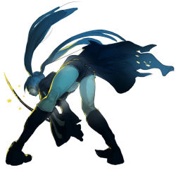 Rule 34 | 10s, 1girl, ass, black rock shooter, black rock shooter (character), blue hair, boots, ears visible through hair, female focus, full body, kuroko (artist), long hair, simple background, solo, star (symbol), sword, twintails, very long hair, vocaloid, weapon, white background