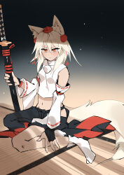 Rule 34 | 1girl, absurdres, animal ears, black skirt, closed mouth, commentary request, detached sleeves, full body, gradient background, hair between eyes, hat, highres, holding, holding sword, holding weapon, indoors, inubashiri momiji, kakaricho dairi, looking at viewer, medium hair, pom pom (clothes), red eyes, red hat, red skirt, ribbon-trimmed sleeves, ribbon trim, shirt, sitting, skirt, socks, solo, sword, tail, tokin hat, touhou, wariza, weapon, white hair, white shirt, white socks, wolf ears, wolf girl, wolf tail