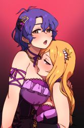 Rule 34 | 1girl, 2girls, antenna hair, arm at side, asymmetrical docking, bare shoulders, black background, black gloves, blonde hair, blue hair, breast press, breasts, commentary request, dress, from side, gloves, gradient background, hair ornament, half-closed eyes, hand on another&#039;s shoulder, idolmaster, idolmaster million live!, idolmaster million live! theater days, korean commentary, kwaejina, lace, lace-trimmed dress, lace trim, large breasts, long hair, looking at viewer, looking to the side, mixed-language commentary, momose rio, multiple girls, open mouth, profile, purple dress, red background, red eyes, short hair, simple background, straight hair, tongue, tongue out, toyokawa fuka, yuri