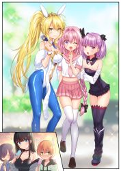 Rule 34 | 1boy, 2girls, animal ears, artoria pendragon (all), artoria pendragon (fate), artoria pendragon (swimsuit ruler) (fate), artoria pendragon (swimsuit ruler) (fate) (cosplay), astolfo (fate), astolfo (fate) (cosplay), astolfo (sailor paladin) (fate), black dress, black hair, black legwear, blonde hair, blue necktie, blue pantyhose, blunt bangs, braid, breasts, card, clothing cutout, commentary request, commission, cosplay, crossdressing, crown, detached collar, detached sleeves, dress, fake animal ears, fate/apocrypha, fate/grand order, fate (series), feather boa, fishnet legwear, fishnets, food, green eyes, grey hair, hair over one eye, helena blavatsky (fate), helena blavatsky (fate) (cosplay), highres, inset, large breasts, leotard, long hair, looking at viewer, multiple girls, nakamura hinato, navel cutout, neckerchief, necktie, official alternate costume, original, pantyhose, pink hair, pink neckwear, playboy bunny, playing card, pleated skirt, ponytail, popsicle, purple eyes, purple hair, rabbit ears, rabbit tail, red sailor collar, red skirt, sailor collar, school uniform, serafuku, short dress, short hair, single braid, skeb commission, skirt, sparkle, standing, tail, thighhighs, trap, two side up, white legwear, white leotard, white sleeves, wrist cuffs