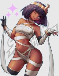 Rule 34 | 1girl, asymmetrical legwear, bandaged arm, bandages, black gloves, black thighhighs, blue eyes, bracelet, breasts, circlet, contrapposto, cropped legs, dark-skinned female, dark skin, egyptian, gloves, gluteal fold, head tilt, highres, hymin, jewelry, looking at viewer, medium hair, menat, mismatched legwear, naked bandage, navel, o-ring, official alternate costume, purple hair, sarashi, single glove, small breasts, solo, standing, street fighter, street fighter v, thighhighs