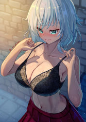 Rule 34 | 1girl, bare shoulders, black bra, blush, bra, breasts, cleavage, collarbone, green eyes, lace, lace-trimmed bra, lace trim, large breasts, navel, omega labyrinth, red skirt, sakumichi, short hair, silver hair, skirt, solo, souja saeri, underwear