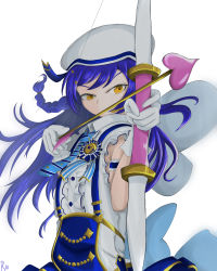 Rule 34 | 1girl, alternate hairstyle, aqua bow, aqua flower, aqua necktie, aqua skirt, arrow (projectile), arrow hair ornament, artist name, artist request, back bow, bare shoulders, blue amor (love live!), blue bow, blue flower, blue hair, blue ribbon, blue skirt, blush, bow, bow (weapon), braid, breasts, brown eyes, center frills, checkered clothes, checkered skirt, collared dress, dress, earrings, female focus, floating hair, flower, frilled dress, frilled skirt, frills, gem, gloves, hair between eyes, hair flower, hair ornament, hair tie, hairclip, half-closed eyes, hat, hat bow, heart, heart (symbol), heart print, highres, holding, holding arrow, holding bow (weapon), holding weapon, jewelry, legwear garter, long hair, looking at viewer, love live!, love live! school idol festival, love live! school idol festival all stars, love live! school idol project, microphone, miniskirt, necktie, parted lips, pearl (gemstone), plaid, plaid dress, plaid skirt, pleated, pleated dress, pleated skirt, ribbon, ryo (suwaryo1009), single braid, single legwear garter, skirt, sleeveless, sleeveless dress, small breasts, smile, solo, sonoda umi, sparkle earrings, sparkle print, star (symbol), star earrings, star hair ornament, star print, striped bow, striped necktie, striped neckwear, striped ribbon, suspenders, wavy hair, weapon, white background, white bow, white dress, white gloves, white hat, white wings, wing collar, wings, wrist bow, yellow eyes