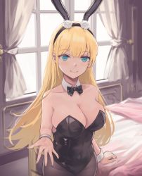 Rule 34 | 1girl, absurdres, animal ears, azur lane, bed, black bow, black bowtie, black leotard, blonde hair, blue eyes, bow, bowtie, breasts, cleavage, commentary request, fake animal ears, highres, indoors, large breasts, leotard, long hair, looking at viewer, north carolina (azur lane), north carolina (the heart&#039;s desire) (azur lane), official alternate costume, pantyhose, playboy bunny, rabbit ears, rabbit tail, solo, tail, window, wrist cuffs, yinghuahua