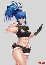 Rule 34 | 1girl, abs, artist name, bare shoulders, belt, blue eyes, blue hair, breasts, choker, commentary request, cowboy shot, earrings, gloves, grey background, hair between eyes, jewelry, leona heidern, looking at viewer, masamune oekaki, medium breasts, midriff, muscular, muscular female, navel, open mouth, ponytail, shorts, simple background, sleeveless, solo, standing, teeth, the king of fighters, tongue, twitter username, watermark