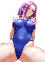Rule 34 | 1girl, bare shoulders, blue one-piece swimsuit, breasts, collarbone, competition swimsuit, covered navel, crotch, fate/stay night, fate (series), forehead, highleg, highleg swimsuit, highres, kojirou musashi, large breasts, long hair, looking at viewer, medusa (fate), medusa (rider) (fate), one-piece swimsuit, parted bangs, purple eyes, purple hair, sidelocks, sitting, solo, spread legs, swimsuit, very long hair