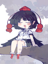 Rule 34 | 1girl, :d, black hair, black skirt, black wings, blush, chahan (fried rice0614), chibi, closed eyes, collared shirt, commentary request, frilled skirt, frilled socks, frills, full body, geta, hat, highres, in tree, leaf, neck ribbon, open mouth, pointy ears, pom pom (clothes), puffy short sleeves, puffy sleeves, red footwear, red hat, ribbon, shameimaru aya, shirt, shoes, short hair, short sleeves, simple background, sitting, sitting in tree, skirt, smile, socks, solo, sweat, sweatdrop, tengu-geta, tokin hat, tongue, touhou, tree, white background, white shirt, wings