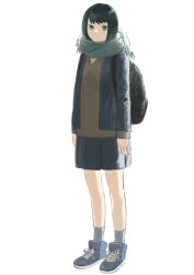 Rule 34 | 1girl, 2girls, arms at sides, backpack, bad id, bad pixiv id, bag, black bag, black hair, black skirt, blue footwear, brown shirt, closed mouth, commentary request, dot mouth, expressionless, full body, green eyes, green scarf, grey socks, highres, long sleeves, looking at viewer, multiple girls, original, scarf, shirt, shoes, simple background, skirt, sleeves past wrists, sneakers, socks, standing, swept bangs, turquoise iro, white background