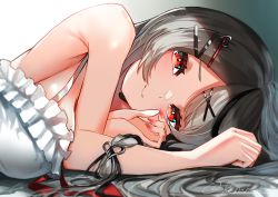 Rule 34 | 1girl, absurdres, arm up, artist name, bare shoulders, black hair, blush, braid, breasts, camisole, closed mouth, commentary request, eyelashes, frilled camisole, frills, grey hair, hair ornament, hairclip, hand up, heart, heart hair ornament, highres, hololive, kagu (a hazy moon), large breasts, long hair, looking at viewer, lying, multicolored hair, on side, parted bangs, red eyes, sakamata chloe, sidelocks, signature, single braid, solo, spaghetti strap, streaked hair, swept bangs, twitter username, upper body, virtual youtuber, white camisole, x hair ornament