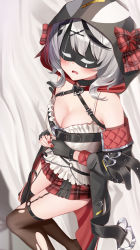 Rule 34 | 1girl, bed sheet, black collar, black gloves, black hair, black jacket, blush, bow, braid, breasts, brown thighhighs, cleavage, collar, commentary request, eye mask, feet out of frame, fingerless gloves, garter straps, gloves, hair ornament, highres, hololive, hood, hood up, jacket, large breasts, long sleeves, lying, mask, multicolored hair, nail polish, nyaa28, off shoulder, on back, on bed, open clothes, open jacket, parted lips, plaid, plaid bow, plaid skirt, red bow, red nails, red skirt, sakamata chloe, short hair, silver hair, skirt, solo, streaked hair, teardrop, thighhighs, torn clothes, virtual youtuber, white background, x hair ornament