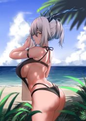 1girl arknights arm_strap ass bare_arms bare_shoulders bishi_(bishi) black_one-piece_swimsuit blue_sky breasts cloud commentary_request cowboy_shot day from_behind hand_up horns hypergryph_(arknights) large_breasts looking_at_viewer looking_back ocean one-piece_swimsuit original outdoors plant profile short_hair silver_hair sky solo standing swimsuit thighs water yellow_eyes