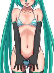 Rule 34 | 1girl, bikini, elbow gloves, gloves, green hair, hatsune miku, head out of frame, long hair, navel, o-minato, skindentation, solo, striped bikini, striped clothes, swimsuit, thighhighs, twintails, very long hair, vocaloid, white background