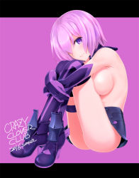 Rule 34 | 1girl, armor, black gloves, black thighhighs, boots, breasts, crossed legs, detached collar, elbow gloves, fate/grand order, fate (series), gloves, hair over one eye, hugging own legs, letterboxed, mash kyrielight, microskirt, multicolored clothes, multicolored gloves, multicolored legwear, pink hair, purple background, purple eyes, purple gloves, purple thighhighs, shirotsumekusa, short hair, signature, sitting, skirt, smile, solo, thighhighs, topless