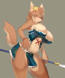Rule 34 | animal ears, artist request, bad id, bad pixiv id, body fur, brown hair, cowboy shot, dog, fox ears, fox tail, furry, furry female, holding, holding polearm, holding spear, holding weapon, japanese clothes, long hair, polearm, red eyes, simple background, snout, solo, spear, tail, weapon