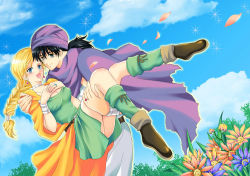 Rule 34 | 1boy, 1girl, :d, bianca (dq5), black hair, blonde hair, blue eyes, blush, boots, bracelet, braid, breasts, cape, carrying, choker, cleavage, couple, defense zero, dragon quest, dragon quest v, dress, earrings, flower, grey eyes, hero (dq5), jewelry, long hair, open mouth, princess carry, ring, single braid, smile, square enix, turban